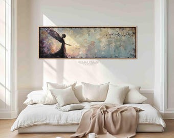 Ethereal Angel Wall Art – Soft Surrealism Canvas Painting, Dreamy Winged Figure, Fantasy Wall Decor