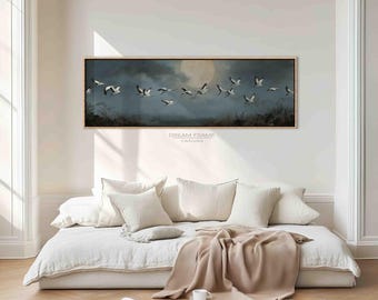 Impresión en lienzo de cielo nocturno con luna: pájaros en vuelo, arte de naturaleza tranquila
