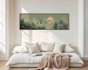 Impresión en lienzo de Forest Moon: Paisaje boscoso tranquilo con pájaros