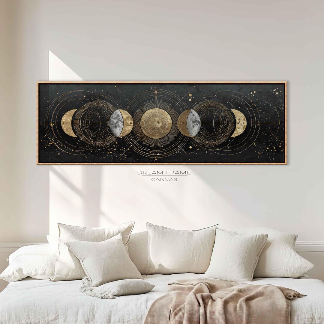 Moon Phases Wall Art, Celestial Canvas Print, Gold Black Lunar Cycle ...