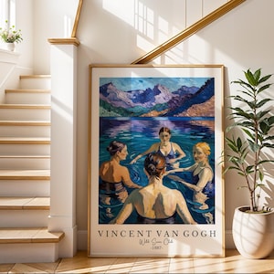 May include: A framed art print featuring a painting of four women in a lake with mountains in the background. The artwork is signed "Vincent Van Gogh" with the text "Wild Swim Club -1887-". The color palette includes blues, purples, and greens.
