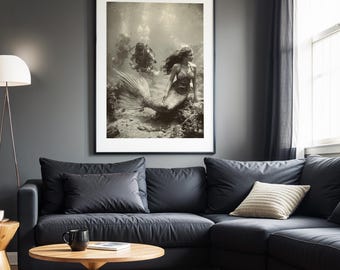 Vintage Mermaid Art Print: Black and White Ocean Fantasy Wall Decor