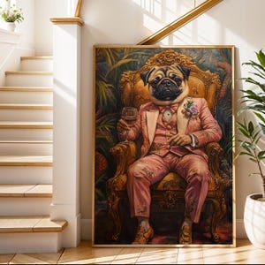 The Suave Pug, Funny Pug Wall Art, Regal Dog Portrait, Quirky Animal Decor, Pug Lover Gift, Elegant Pug Art Print&quot;