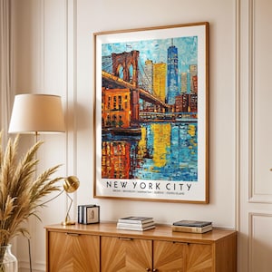 New York City Kunstdruck - Bunte Urban Skyline bei Nacht - NYC Stadtbild Wandkunst