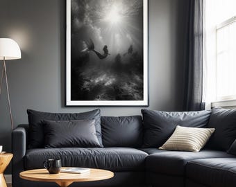 Meerjungfrau Kunstdruck: Black & White Ocean Fantasy