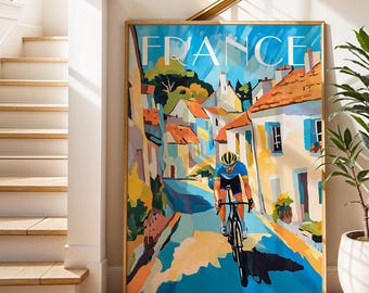 Impression d'art à vélo dans un village français : affiche du Tour de France