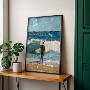 Surfer&#39;s Pause, Digital Oil Painting Print, Coastal Wall Art, Surf-Inspired Printable Décor, Ocean Lover Gift