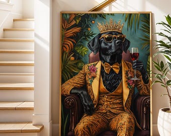 Impresión artística de cóctel de labrador: retrato divertido de perro con corona