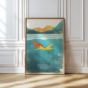 Lady and The Lake, Wild Swimming Print, Wild Swimmer Digital Download, Wild swimmer quote wall art, Minimalist swimming artwork