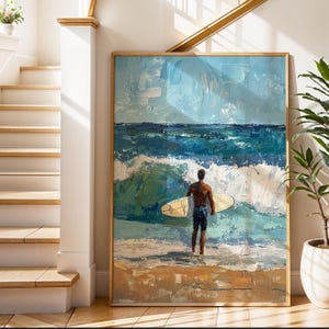 Surfer&#39;s Pause, stampa a olio, decorazione murale costiera, decorazione stampabile ispirata al surf, regalo per gli amanti dell&#39;oceano