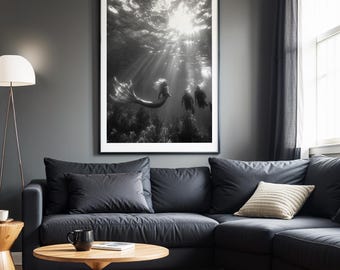 Meerjungfrau Art Print: Schwarzweiße Meeresfantasie, mythisches Meerestier