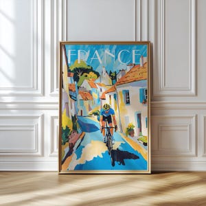 103 Cyclist in a French Village , Colourful Cycling Wall Art,  French Countryside Bike Ride Poster, Cycling Gift, Tour de France art,