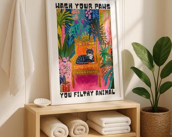 Funny Cat Bathroom Print: "Wash Your Paws" Humorous Toilet Art