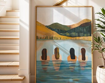 May include: Large framed art print showing four figures in a lake, viewed from behind. The artwork features a landscape with mountains and a lake. The figures have different hair colours. The frame is a light wood colour.