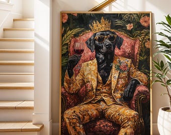 Lámina artística de Labrador: Divertido retrato de perro con cóctel y corona