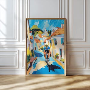 111 Ciclista in un villaggio francese, Arte murale colorata raffigurante il ciclismo, Poster di un giro in bicicletta nella campagna francese, Arte ciclistica colorata, Arte del Tour de France