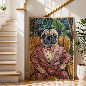 Pug in Power, Funny Pug Wall Art, Regal Dog Portrait, Quirky Animal Decor, Pug Lover Gift, Elegant Pug Art Print&quot;