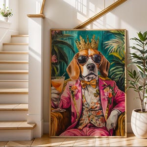 Regal Beagle Art Print, Beagle Dog in Pink Suit with Cocktail & Crown, Funny Dog Wall Art, Animal Portrait, Gift for Dog Lover
