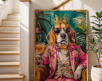 Regal Beagle Art Print: Dog in Pink Suit with Crown