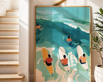 Retro Surf Art Print: Surfers at Sea, Coastal Beach Decor