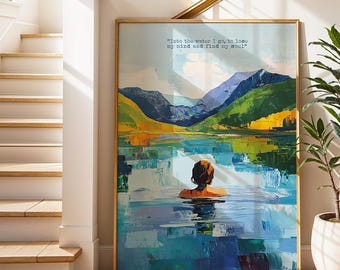 Lake Swim-kunstprint: serene vrouw, kleurrijk berglandschap