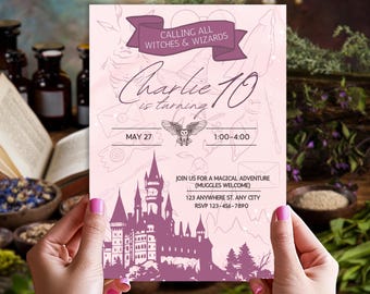 Editable Wizard School Birthday Invitation | Witch World Party Template | Purple Pink Magic Witches Design | Printable Adult Girls Hogwart