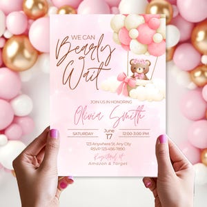 Editable We Can Bearly Wait Baby Shower Invite | Watercolor Teddy Bear Template | Pink Balloons Girl Design | Printable Instant Download