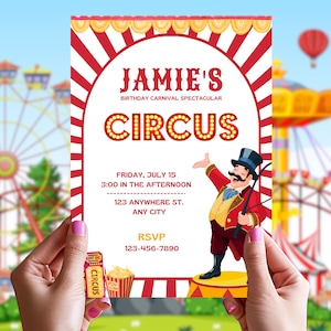 Bearbeitbare Zirkus Karneval-Geburtstagseinladung | Kinder Party Ticket Vorlage | Rot & Gold Schausteller Design | Druckbare Instant Download