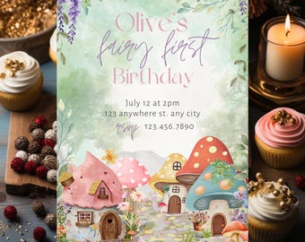 Invitación editable para primer cumpleaños de hada / Plantilla para fiesta en el jardín con acuarela pastel / Diseño digital imprimible para niñas con flores Descarga instantánea