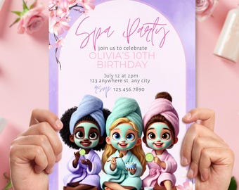 Editable Spa Day Birthday Invitation | Pamper Party Template | Purple Pink Glam Sleepover Makeup Tween Design | Printable Instant Download