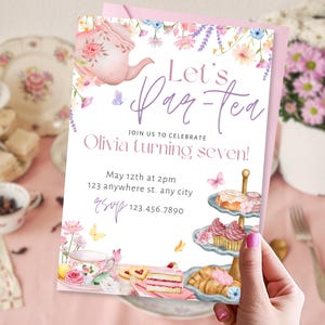 Convite para festa de aniversário de menina, convite para chá de bebê com flores rosa para meninas, modelo editável para aniversário com xícara de chá, convite para download instantâneo