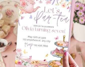 Let&#39;s Par-tea Birthday Girl Invitation, Pink Floral Tea Party Invite for Girls, Teacup Birthday Editable Template, Instant Download invite