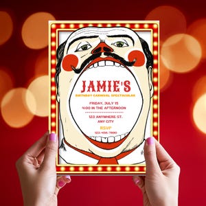 Bearbeitbar Zirkus Karneval Spiel Geburtstagseinladung | Kinder Party Ticket Vorlage | Rot Schausteller Mund Design | Druckbare Instant Download