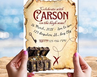 Editable Pirate Map Birthday Invitation | Pirate Ship Party Template | Parchment Treasure Sea boys Kids Design | Printable Instant Download
