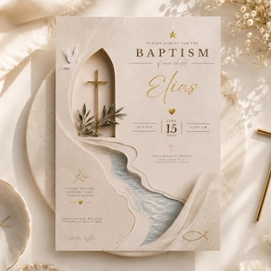 Baptismal Invitation Template Canva Editable, Vintage Baby Baptism Invitation, Soft Neutral Christening Invite, 01