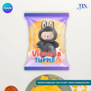 Labubu Chip Bag Template: Editable Party Favor (Canva, Digital Download, 5x8 inches)