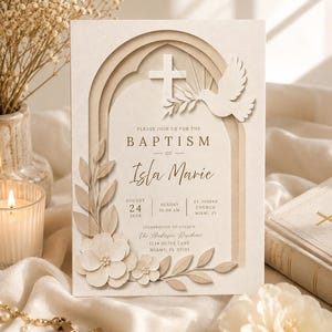 Puede incluir: Una tarjeta de invitación de bautizo color crema con un diseño de arco en capas, una cruz central y una paloma con una rama de olivo. El texto dice: Please join us for the baptism of Isla Marie, August 24, 2026, Sunday 10:00 AM, St. Joseph Church, Miami, FL.
