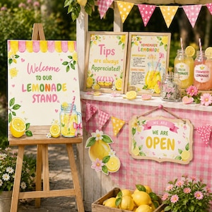 May include: A lemonade stand display featuring a wooden easel with a Welcome to Our Lemonade Stand sign, a wooden crate filled with yellow lemons, glass jars of lemonade, a Tips jar, and a hanging sign that reads We Are Open.