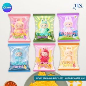 Labubu Chip Bag Template: Editable Party Favor (Canva, Digital Download, 5x8 inches)