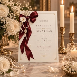 May include: A wedding invitation card featuring the text Isabella and Jonathan, decorated with a deep burgundy satin ribbon bow, a string of white pearls, and a small floral charm. The card is printed on cream paper with gold border accents.