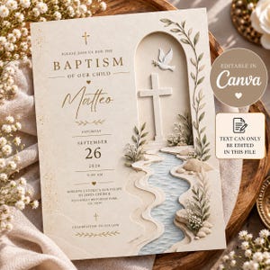 May include: A cream-colored baptism invitation card featuring gold text, a central cross, a dove, and a flowing river illustration. The text reads: Please join us for the baptism of our child, Matteo, Saturday, September 26, 2026, 9:00 AM, Mission Catolica San Felipe De Jesus Church, 925 Conley Rd Forest Park, GA 30297, celebration to follow.