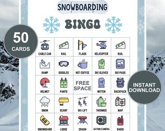 Op de afbeelding: Een Snowboard Bingo-spelkaart met 50 kaarten. De kaart bevat illustraties van snowboardgerelateerde items zoals een bril, snowboards en skiliften. De achtergrond toont een besneeuwde berglandschap.