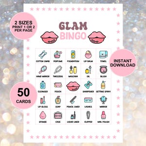 May include: A Glam Bingo game card with pink accents. The card features illustrations of beauty products like lip gloss, mascara, and nail polish. Text includes "Glam Bingo", "50 Cards", and "Instant Download".