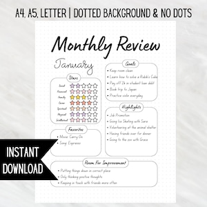 May include: A printable monthly review planner for January with sections for goals, highlights, favorites, and room for improvement. The planner features a star rating system and a dotted background.
