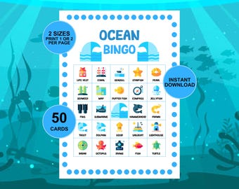 Ocean Bingo, Under the Sea Bingo, 30 Printable Ocean Bingo Cards, Ocean Game, Ocean Activity, Kid's Printable Bingo Game, Bingo for Kids