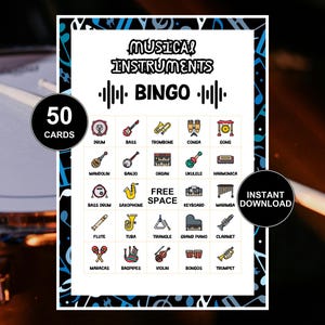 楽器ビンゴゲーム 印刷可能なボード 教育ゲーム ロック 誕生日パーティーゲーム 50枚のカードビンゴ 音楽クラス 学習ゲーム シニアポップ