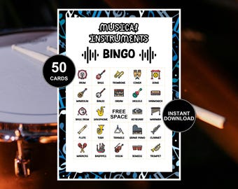 Musical Instrument Bingo Game Printable Boards Educational Game Rock Birthday Party Game 50 Card Bingo Music Class Learning Game Senior Pop