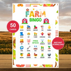 May include: A colorful "Farm Bingo" game card set with 50 cards, featuring farm-themed illustrations like tractors, cows, and hay. Includes the text "Instant Download" and a red circle with the text "50 Cards".