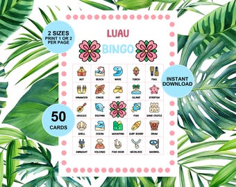 May include: Luau Bingo game card with colorful illustrations of beach-themed items. The card includes the text "LUAU BINGO", "50 CARDS", and "INSTANT DOWNLOAD". The background features tropical leaves.