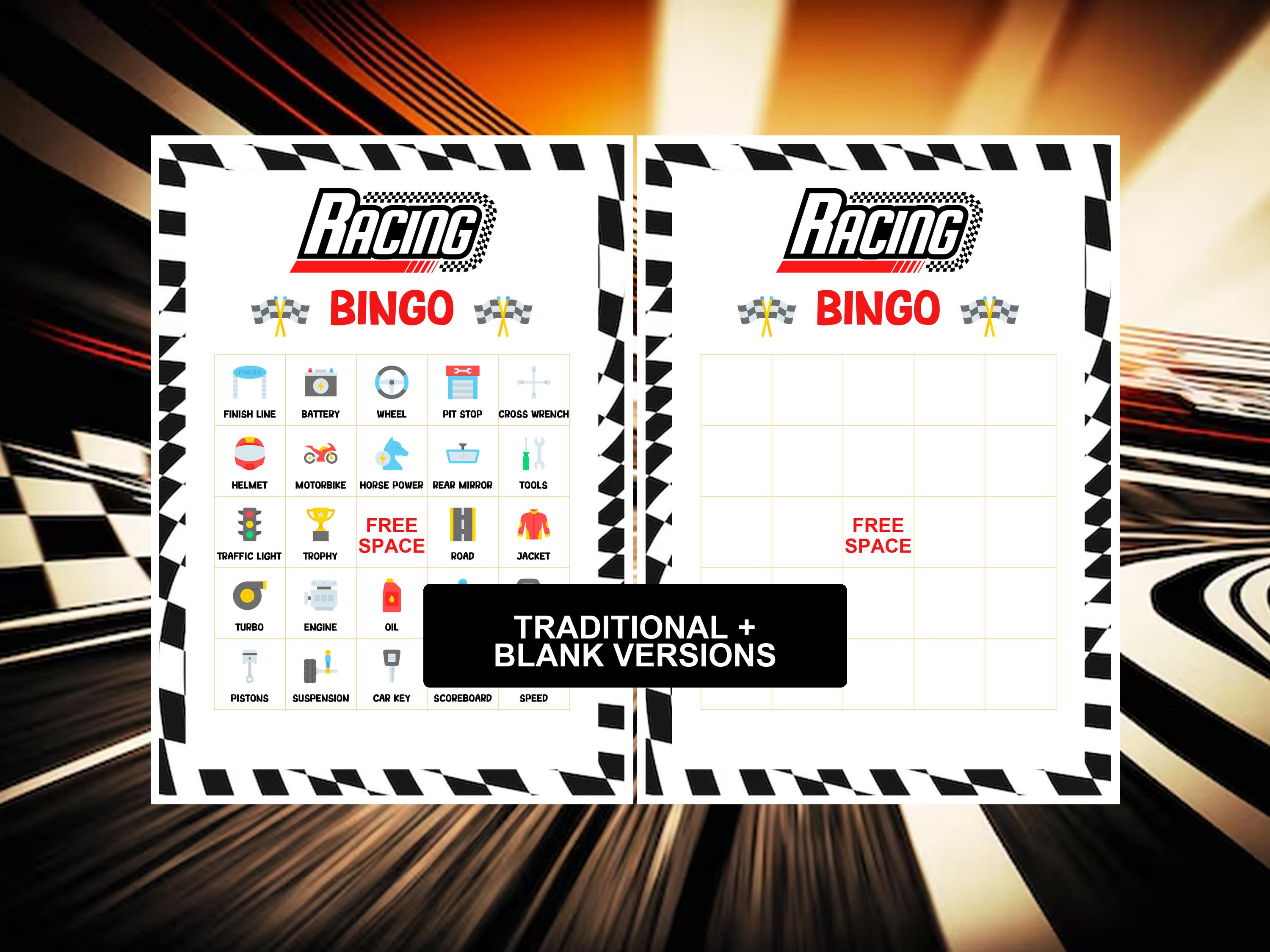 Racing Bingo Game Printable 50 Cards Race Car Birthday Game Race Track ...